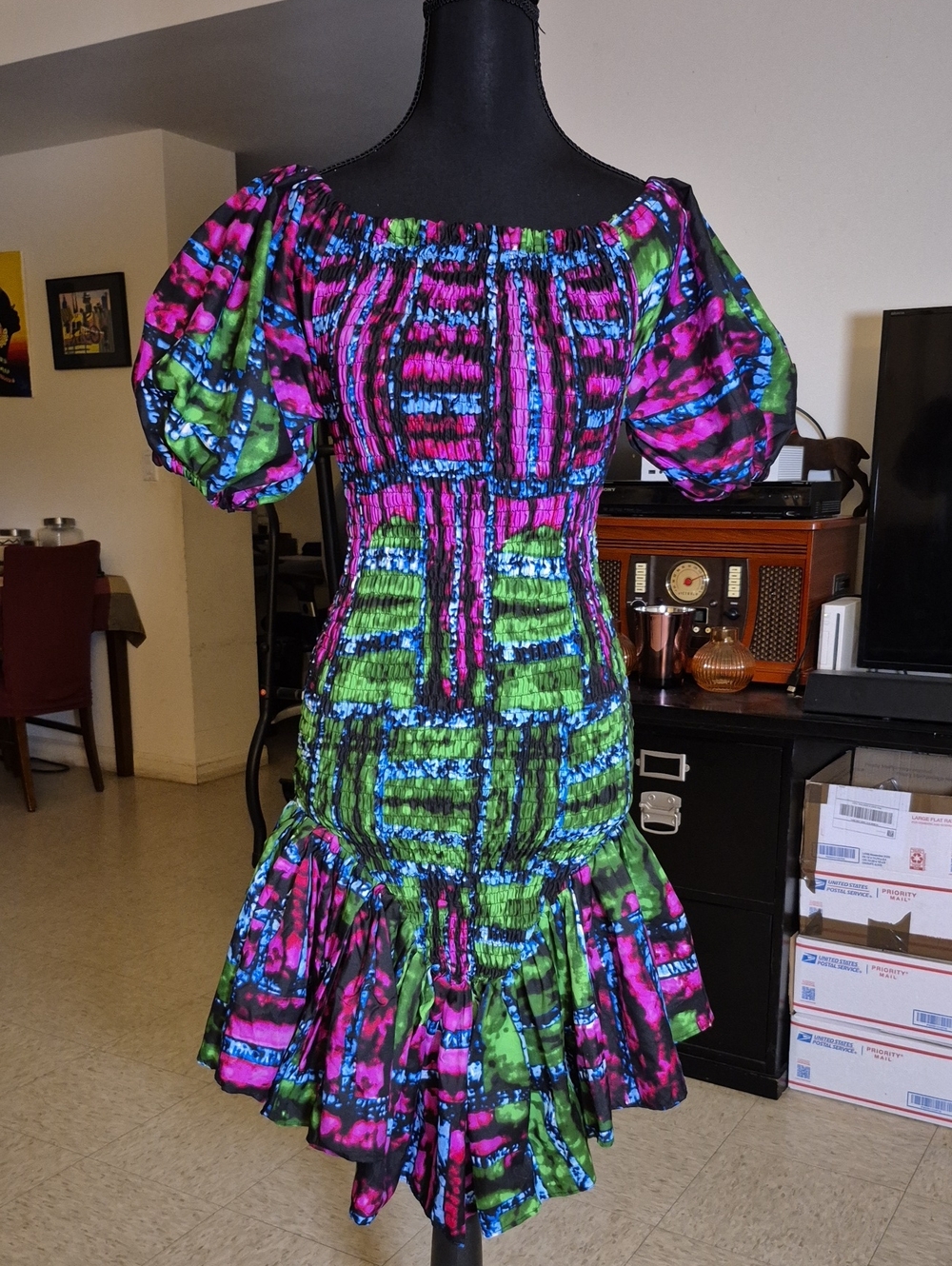 Bright Pink & Green Smocked Puff-Sleeve Mini Dress